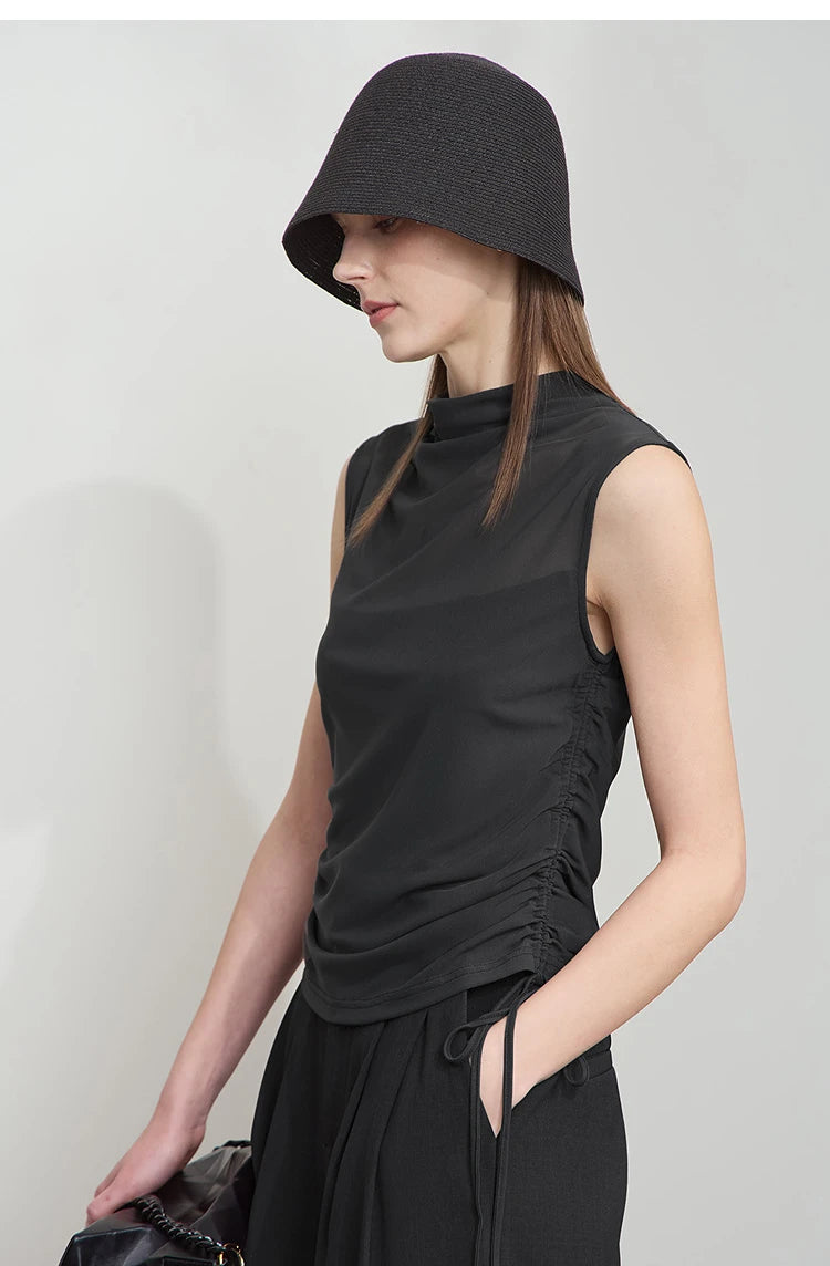 Damen T-Shirts im Sommer-Stil mit solidem ärmellosem Rollkragen für Büro