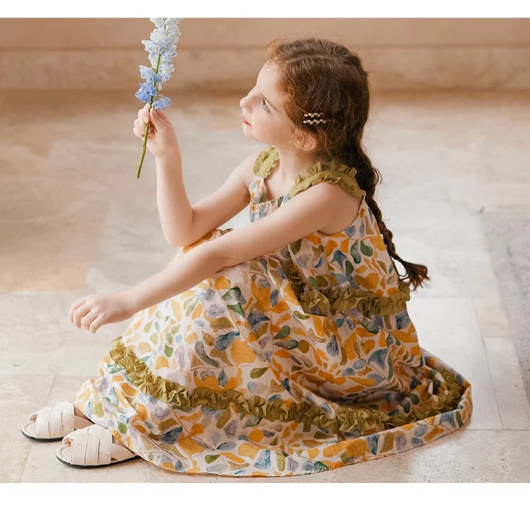 Ärmelloses Sommerkleid für Mädchen im chinesischen Stil aus 100% Baumwolle mit kleinem Blumenmuster – Cheongsam für Kinder von 3 bis 14 Jahren