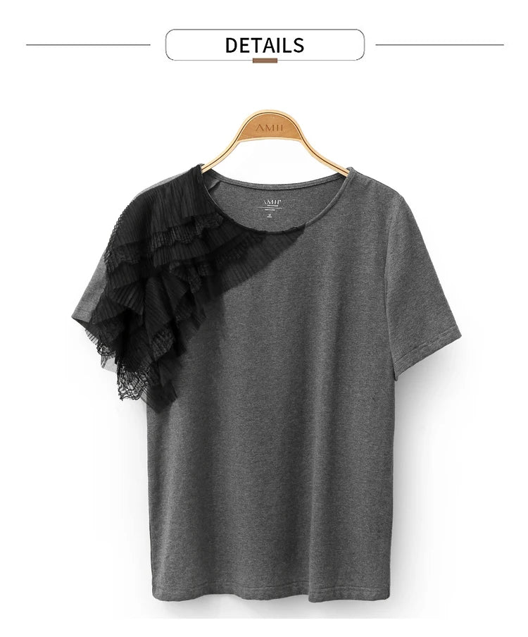 Damen T-Shirt aus mercerisierter Baumwolle im minimalistischen Patchwork-Stil mit Spitze