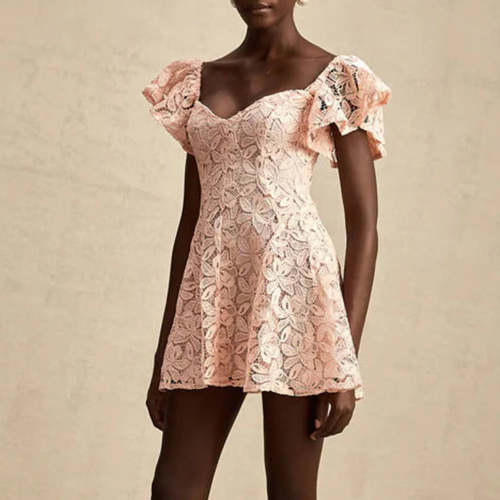 Elegantes Damenkleid mit Rundhalsausschnitt, kurzen Ärmeln und Pailletten-Patchwork-Design – ideal für besondere Anlässe.