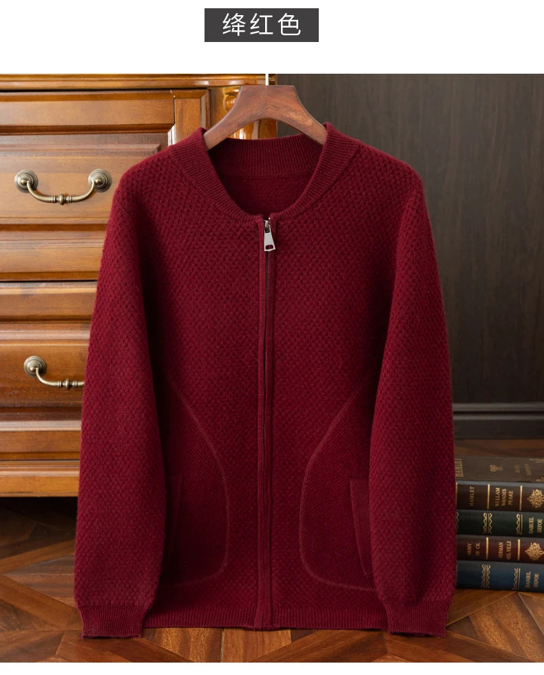 Herren-Strickjacke mit Baseball-Kragen, 100 % reine Wolle, Herren 2024, Herbst und Winter, verdickter lässiger Strickpullover, Jacke, Outdoor-Blazer