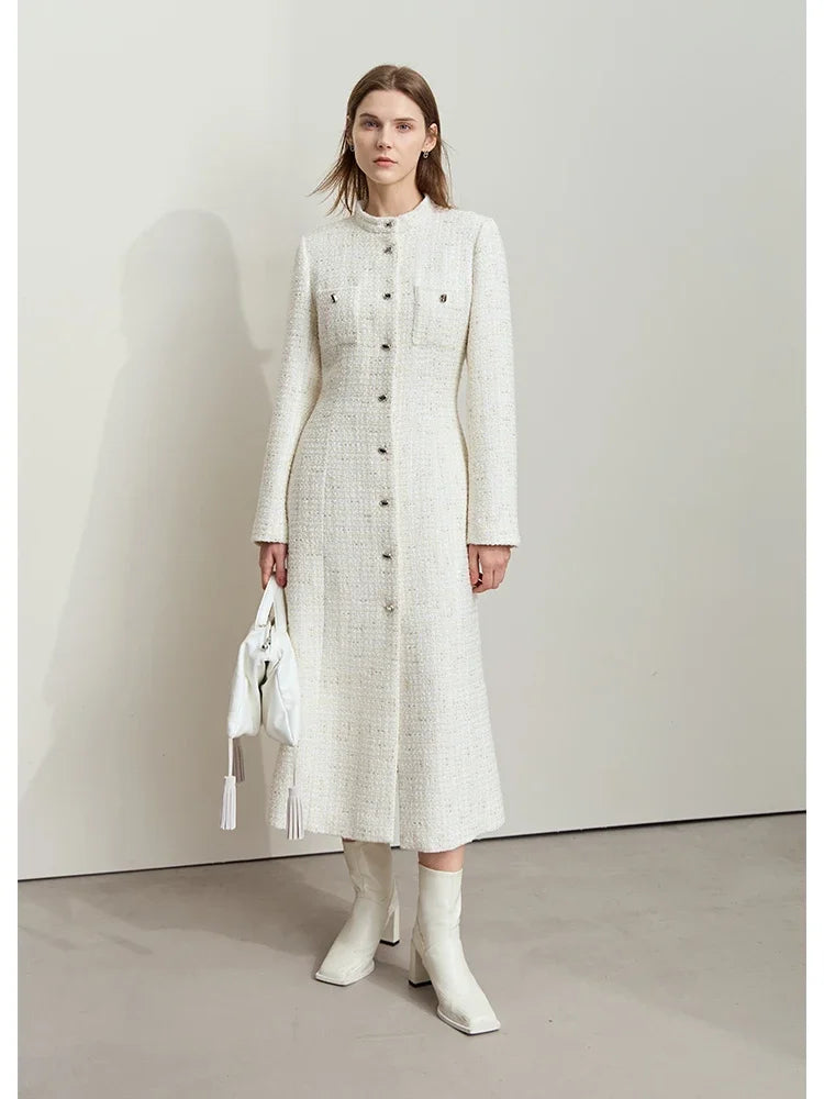 Damen Tweed-Wollmantel mit elegantem Stehkragen und Metallknopf für den Winter