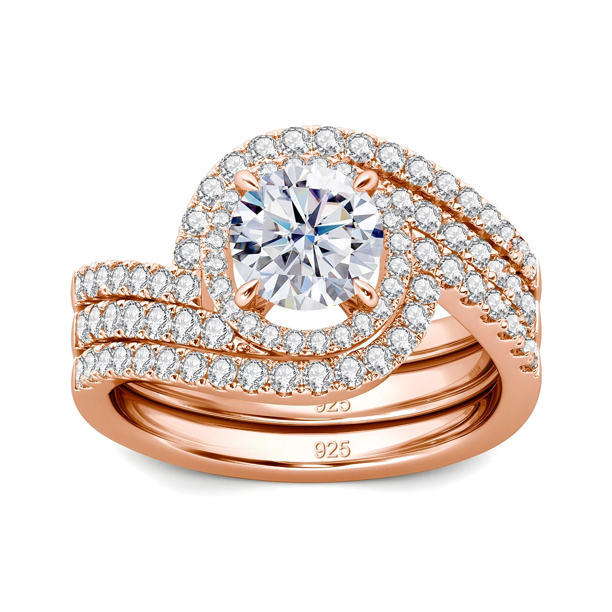 Zwei-Ring-Set für Damen, roségoldfarbene Fassungen mit großem Mittelstein und Pavé-Besatz