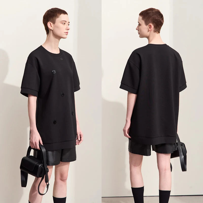 Damen T-Shirts im Minimalismus-Stil mit losem Patchwork und Dekoration
