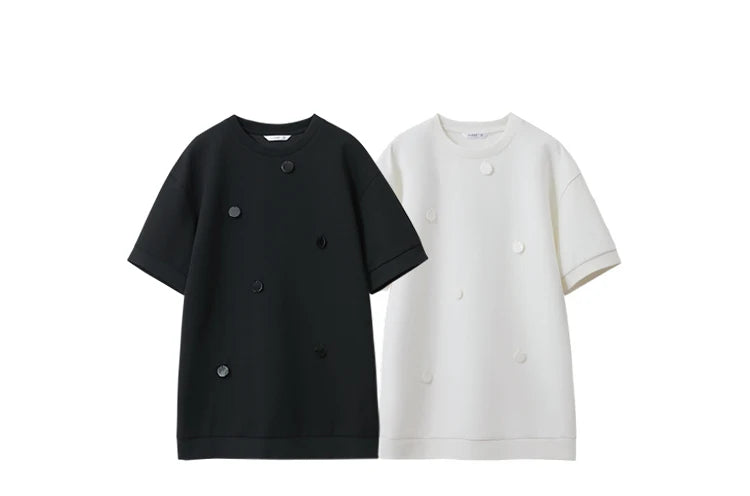Damen T-Shirts im Minimalismus-Stil mit losem Patchwork und Dekoration