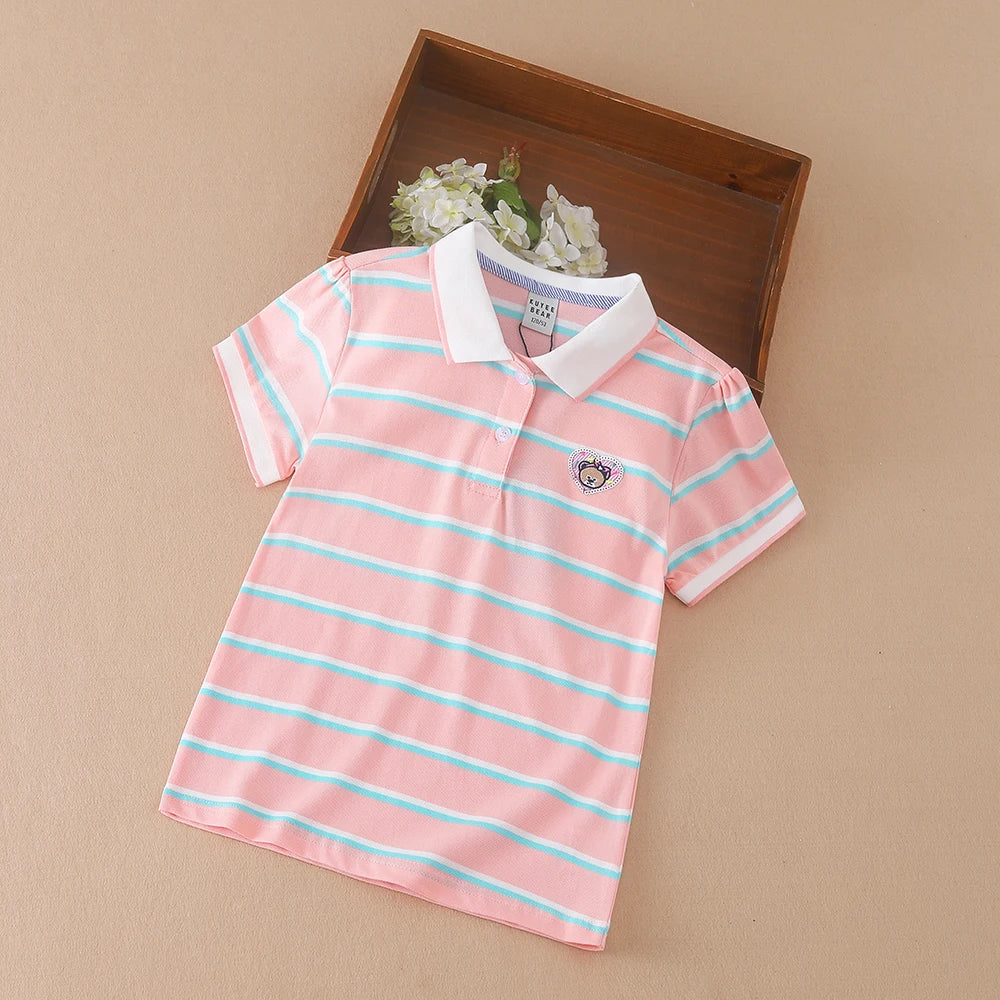 Mädchen Polo Sommer Kinder Kurzarm Baumwolle T-Shirts 2024 neue Kinder drehen Kragen gestreifte Kleidung Mädchen Tops für 5-12 Alter