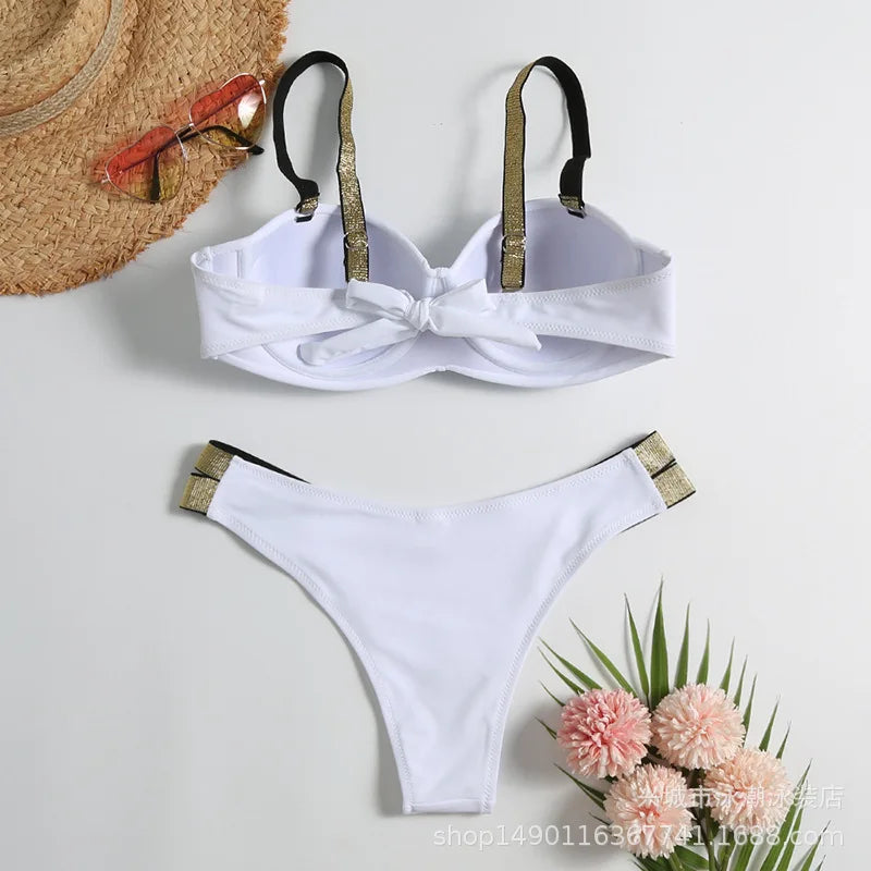 Sexy Bikini-Set in Rosenrot mit Strasssteinen – Push-Up-Badeanzug für Damen am Strand oder Pool