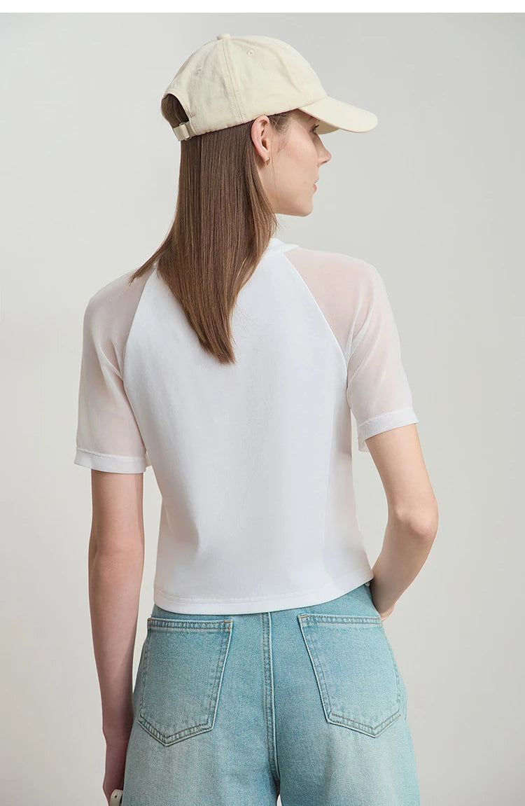 Damen T-Shirt im Casual-Stil mit gesticktem Rundhals und kurzen Ärmeln