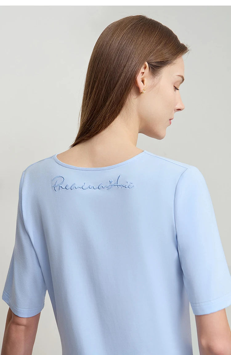 Damen T-Shirt mit drapierter Kragen- und besticktem Design aus modalem Strick