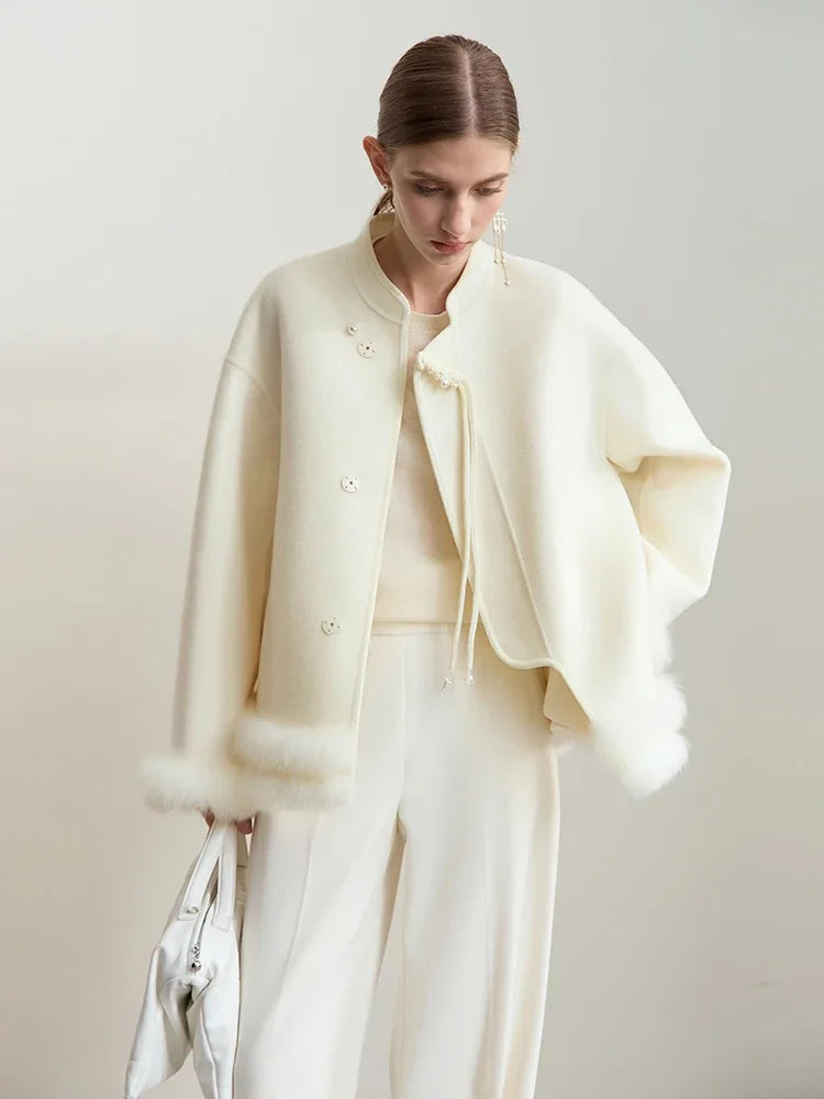 Damen Jacke im chinesischen Stil mit Perle Schnalle und Stehkragen