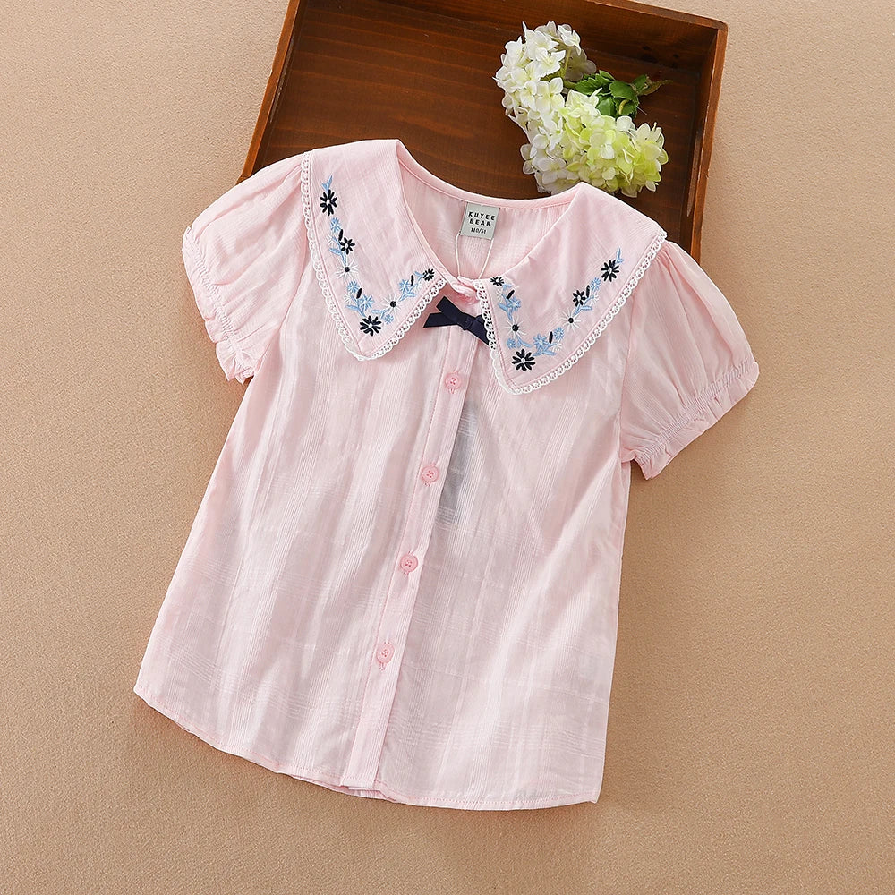 Mädchen Bluse Shirts Sommer Kurzarm Baumwolle Schöne Spitze Kausalen Weiß Tops Kinder Hohe Qualität Kleidung
