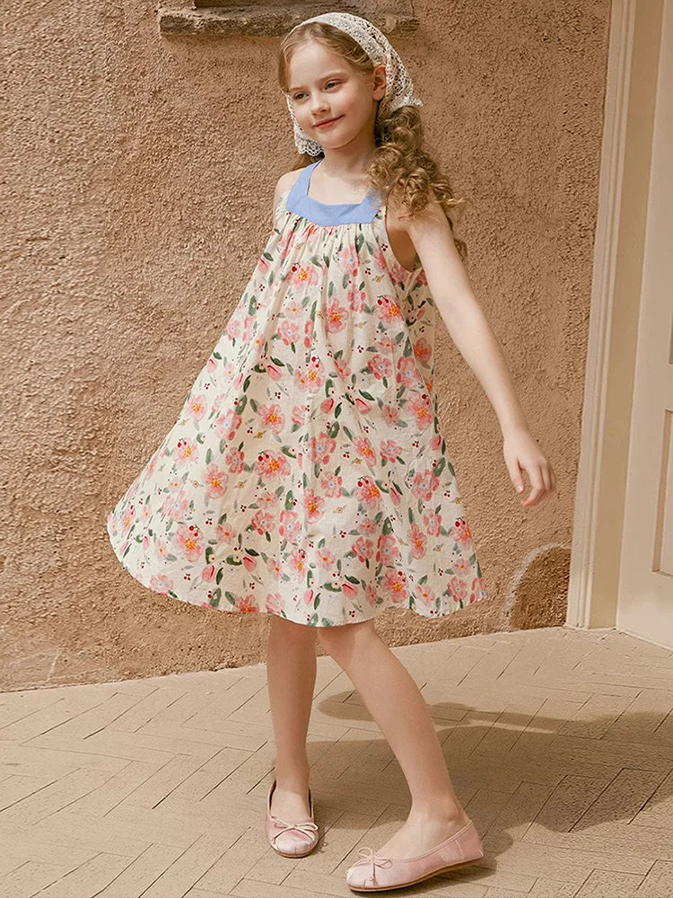 Sommerkleid für Mädchen aus 100% Baumwolle mit kurzen Ärmeln und niedlichem blauen Blumenmuster – geeignet für Kinder von 3 bis 14 Jahren (110cm-170cm)