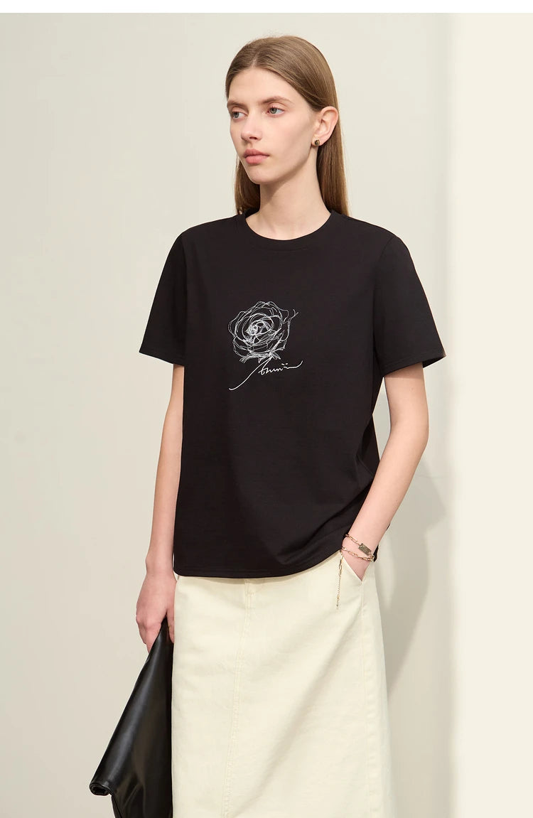 Damen Kurzarm-T-Shirt im minimalistischen Stil mit O-Ausschnitt und Stickerei