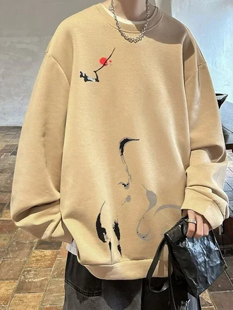 2025, neue Tinte Malerei Kran Gedruckt Pullover Hoodies Für Männer Frühling Hip Hop Mode Oansatz Hoody Y2K Streetwear Sweatshirts