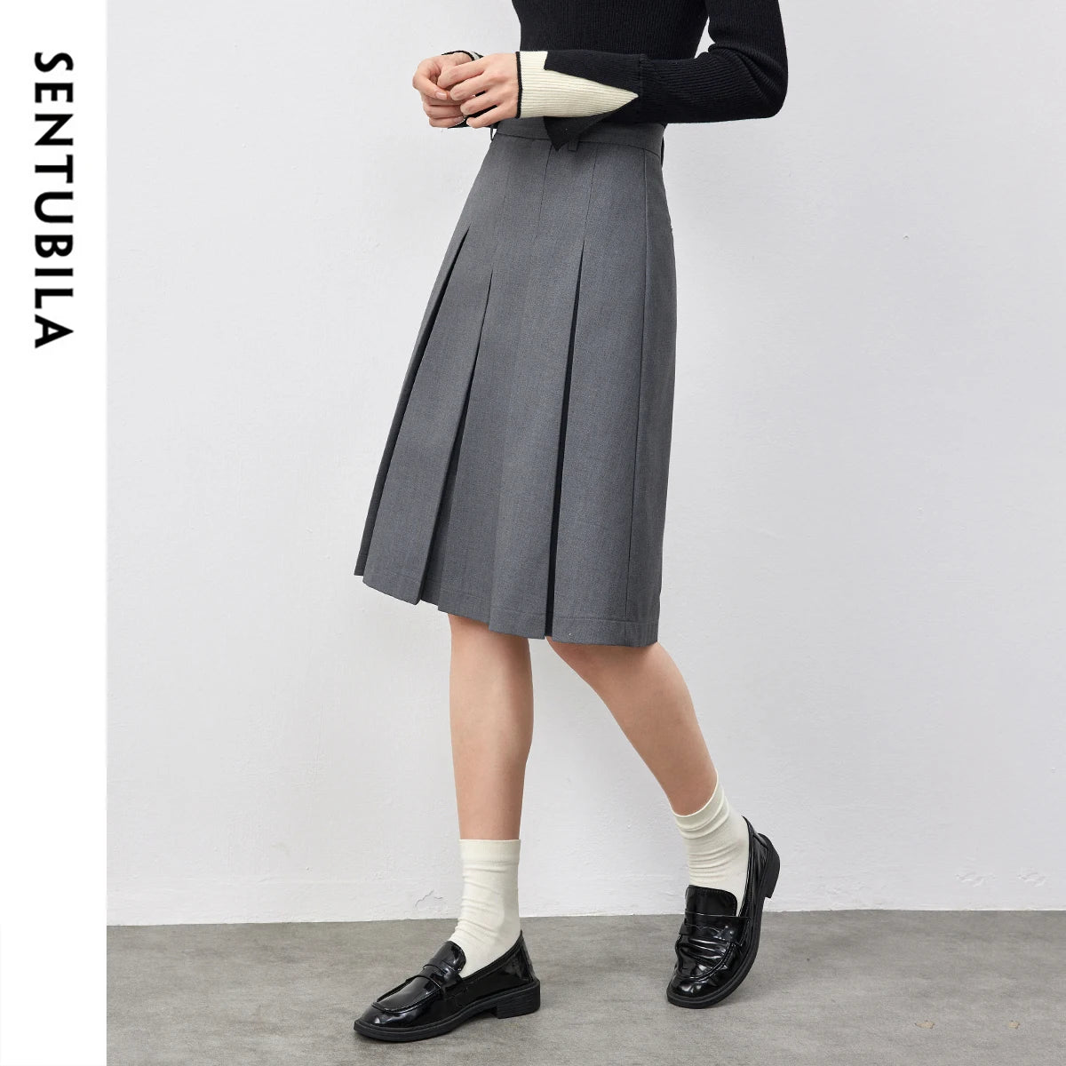 Damen Faltenrock in Grau für Frühling und Sommer mit mittellangem Schlitz