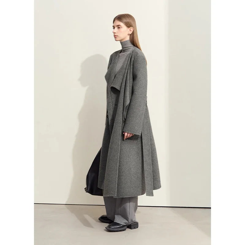 Damen Doppelseitiger Wollmantel mit asymmetrischem Schalkragen und Gürtel
