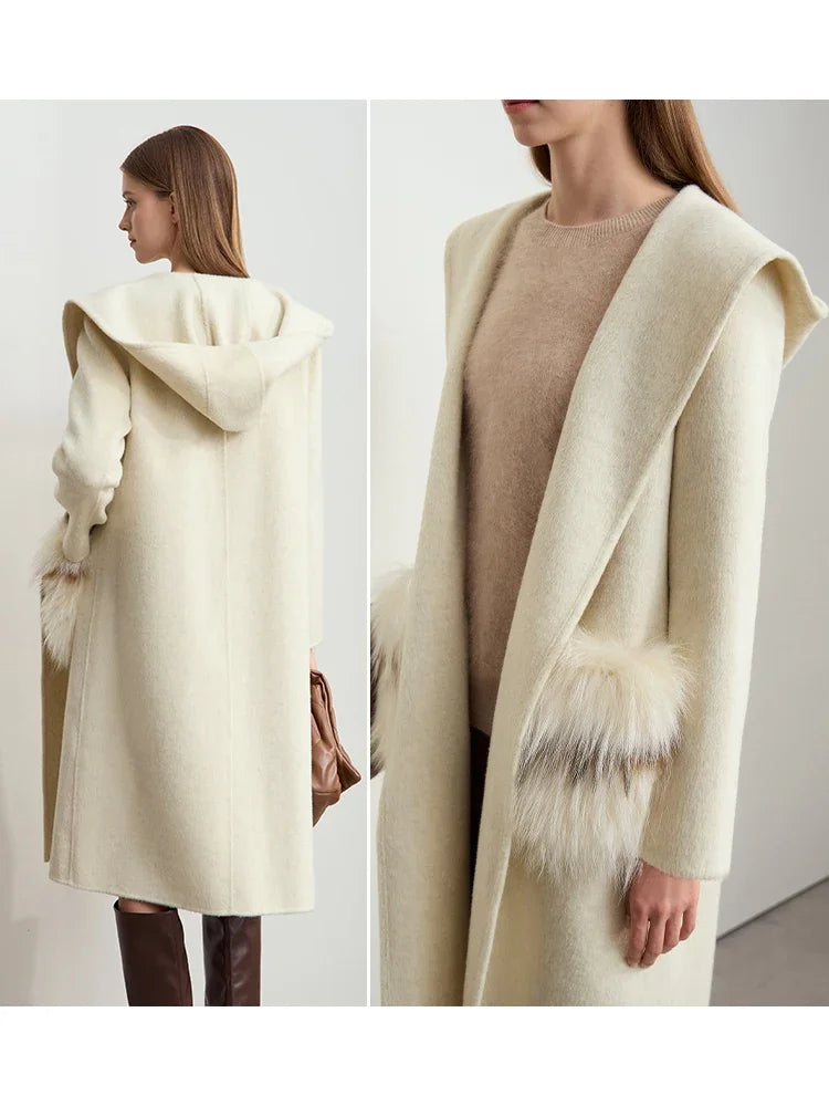 Damen Wintermantel aus Vollschafwolle mit abnehmbarer Kapuze und Tasche