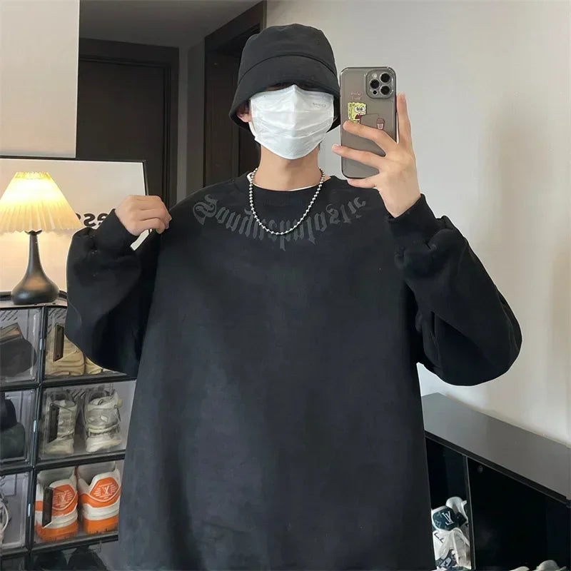 Frühlings-Herren-Sweatshirt aus Wildleder mit Goth-Buchstaben-Aufdruck, übergroße Pullover mit Rundhalsausschnitt, Hoodies, 2025, neue Y2K-Vintage-Fleece-Sudaderas