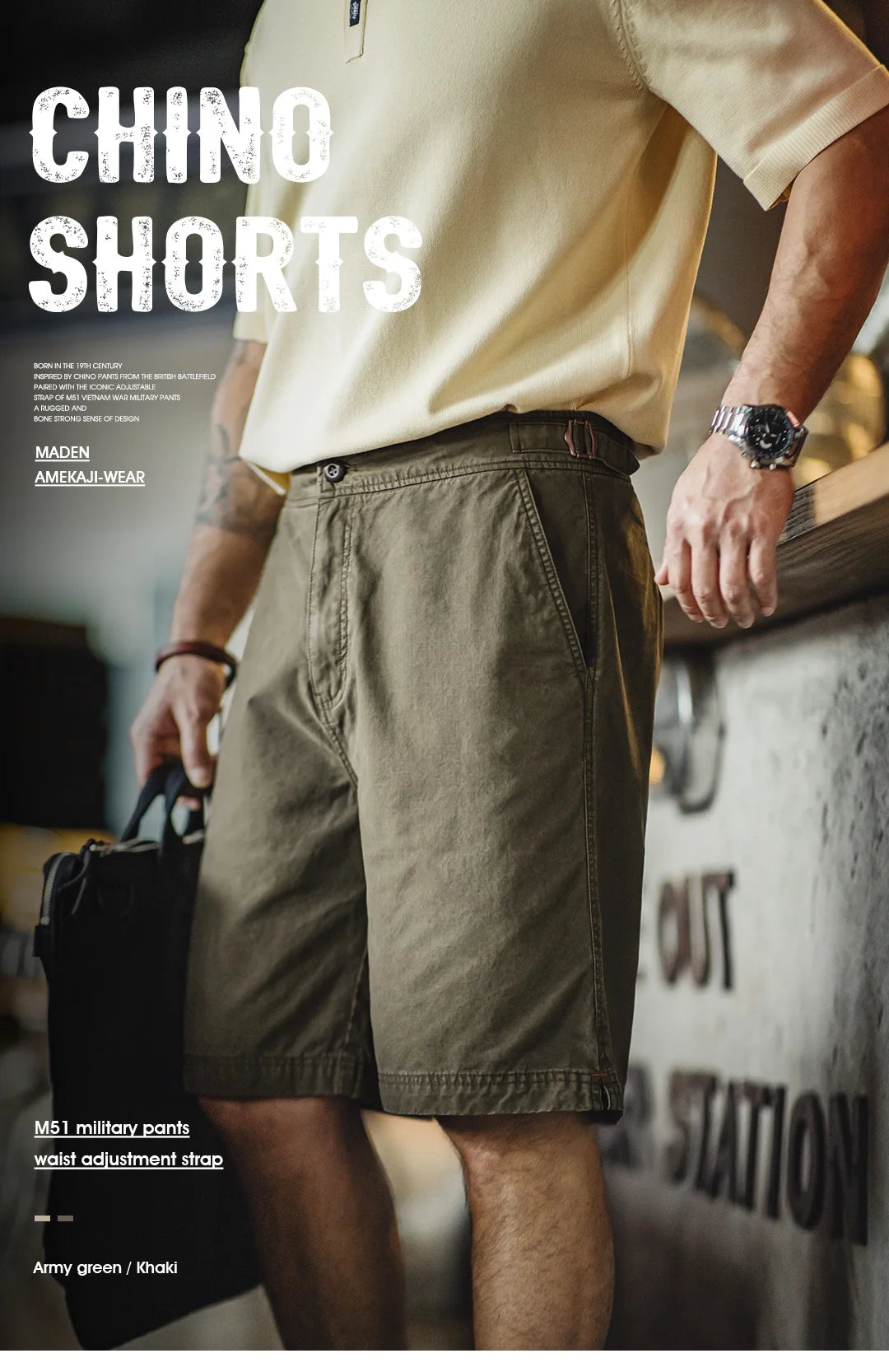 Herren Chino Shorts M51 aus Baumwolle mit verstellbarem Gürtel und Taschen
