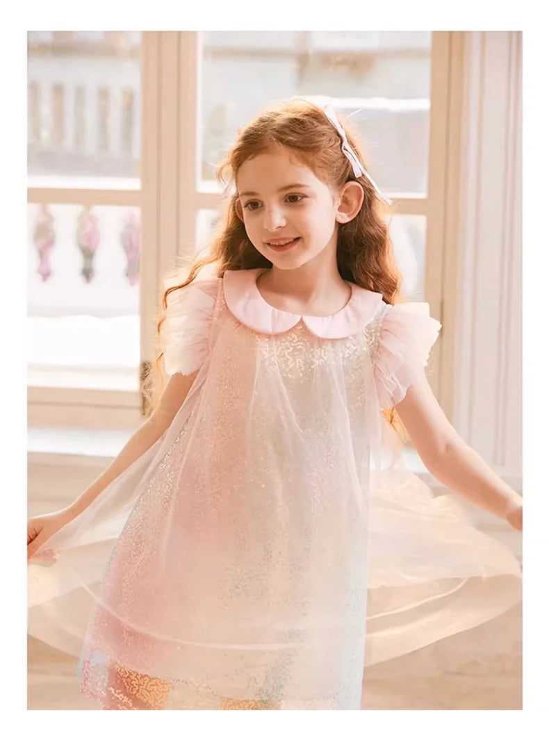 Sommerliches Mädchenkleid aus 100% Baumwolle im französischen Stil mit kurzen Ärmeln – lockere Passform für Kinder von 110cm bis 170cm