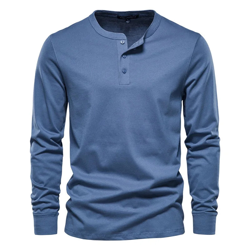 Herren Langarm T-Shirt mit Button-Down-Henley-Kragen aus hochwertiger Baumwolle