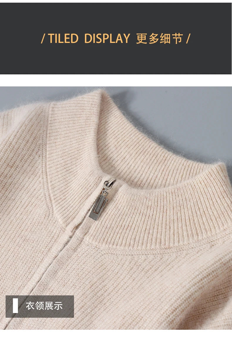 Pullover aus 100 % reinem Nerz-Kaschmir für Herren, Stehkragen, verdickte Strickjacke, Herbst/Winter, warm, lässig, gestrickt, große Oberteile mit Reißverschluss