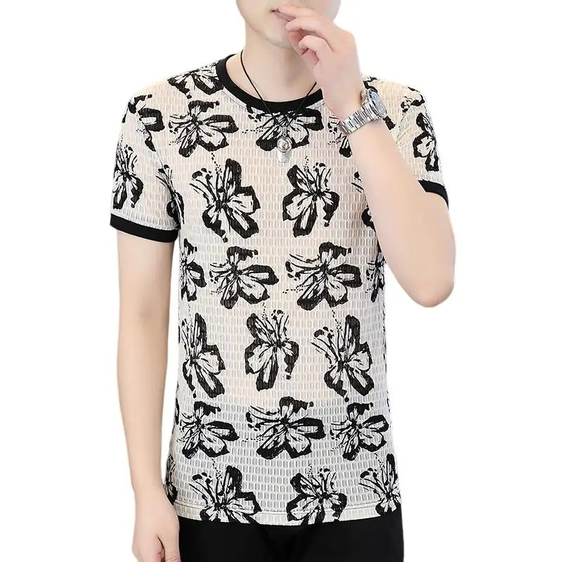 Herren T-Shirt mit Retro Blumen Druck aus atmungsaktiver Eis-Seide