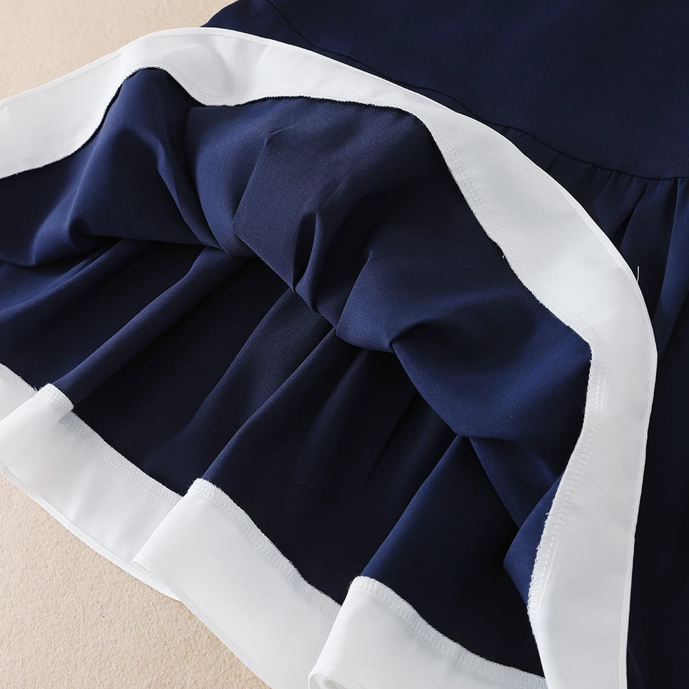 Marineblaues Mädchenkleid mit weißem Kragen und Schleife, kurzärmliges, plissiertes Kleid im Schulstil, Kinderkleidung für 5–12 Jahre