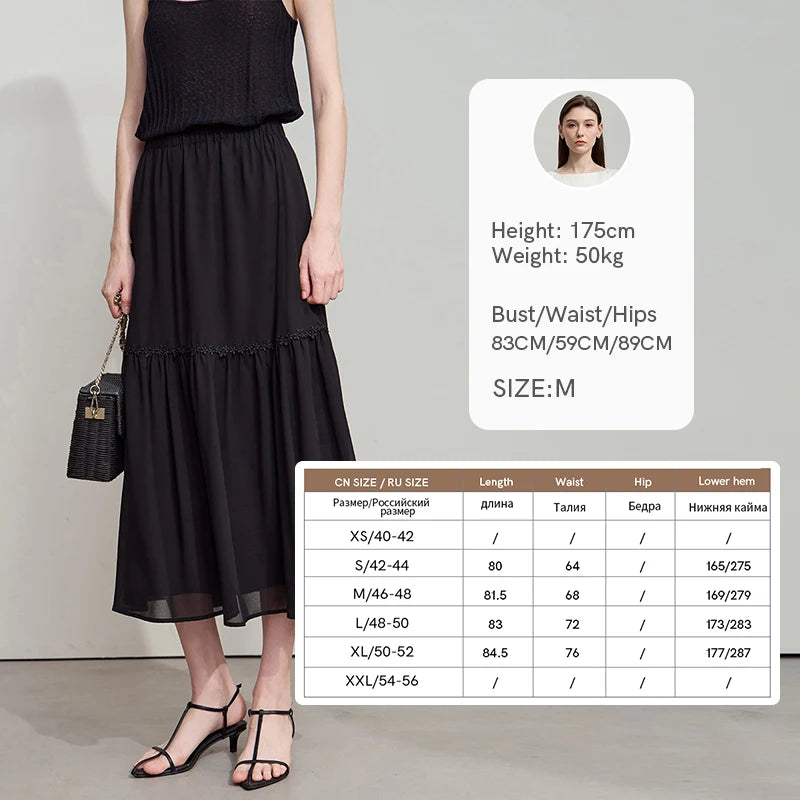 Schwarzer Midirock aus Chiffon mit A-Linie, elastischer Bund und Volants am Saum