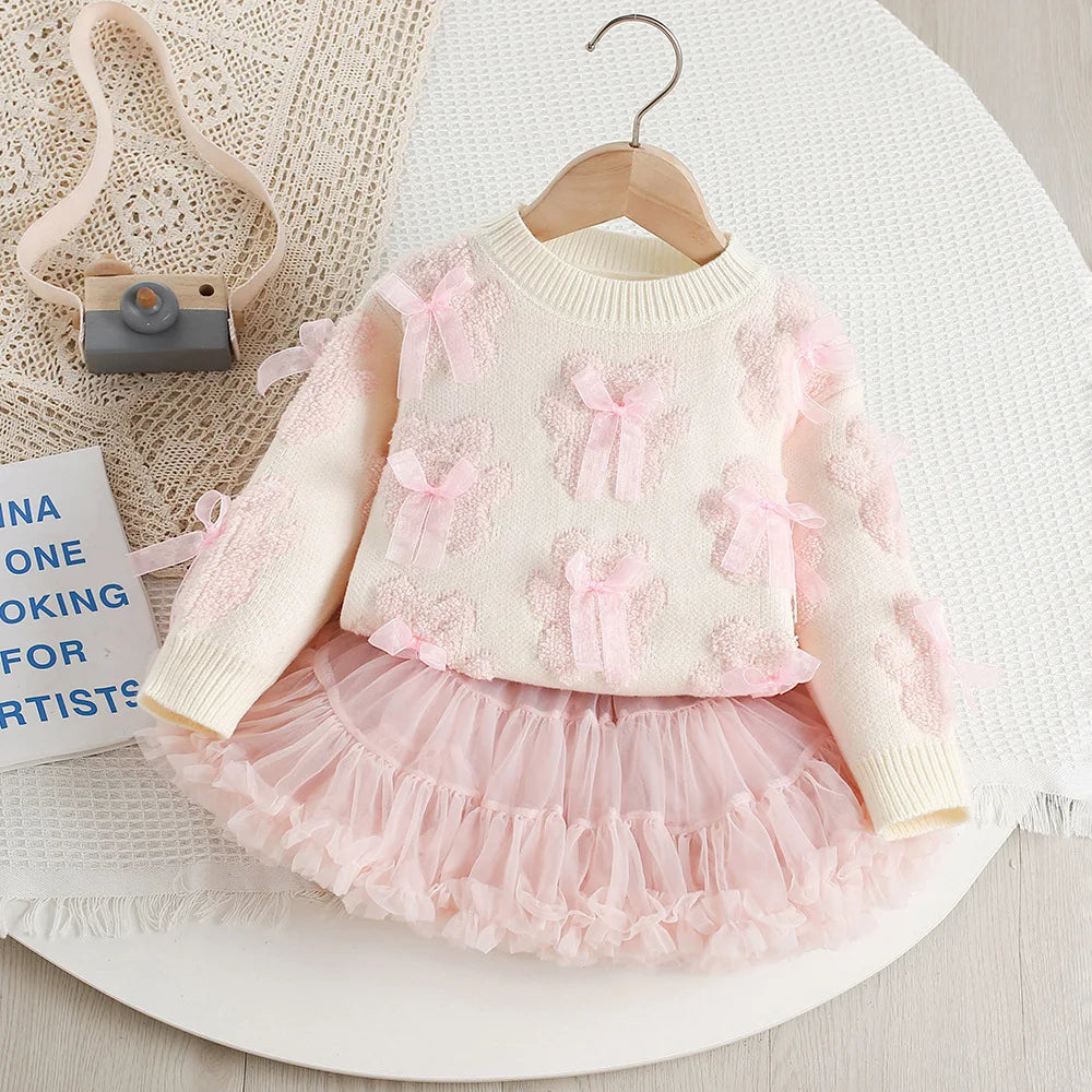Mädchen Outfit Set mit süßem Bär Bogen Pullover und Mesh Rock