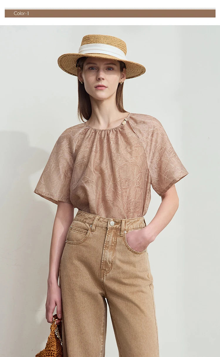 Damen T-Shirt im minimalistischen Sommer-Stil mit Kordelzug und Rundhalsausschnitt