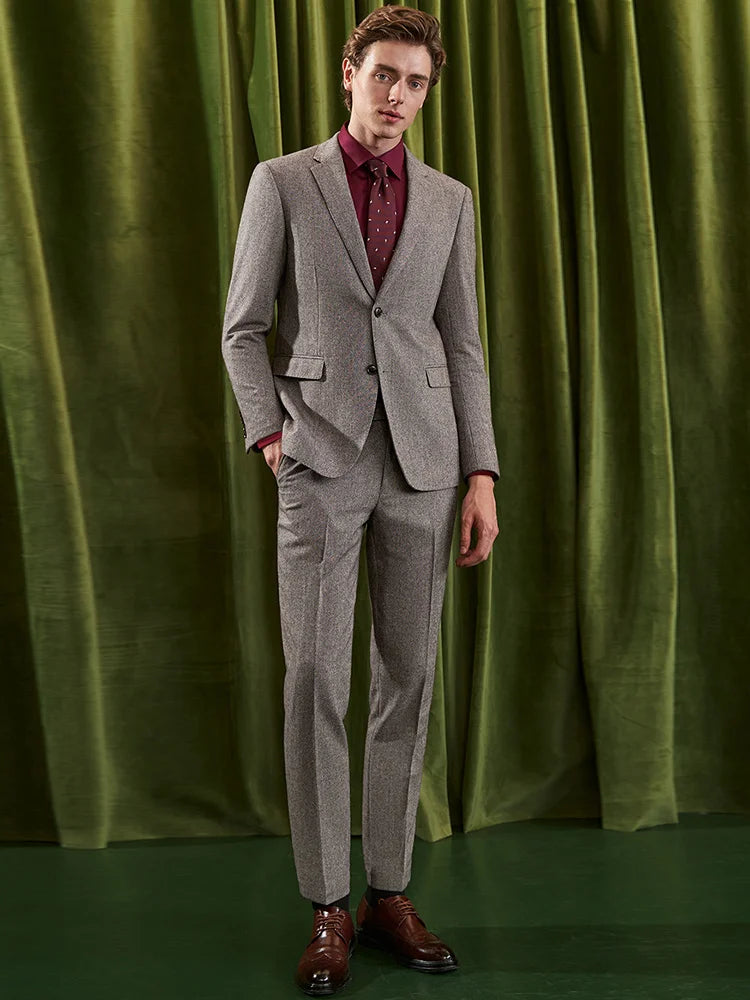 Herren Anzugset aus 55% Wolle: Slim Fit, warm, hellbraun, ideal für Hochzeit & Business.