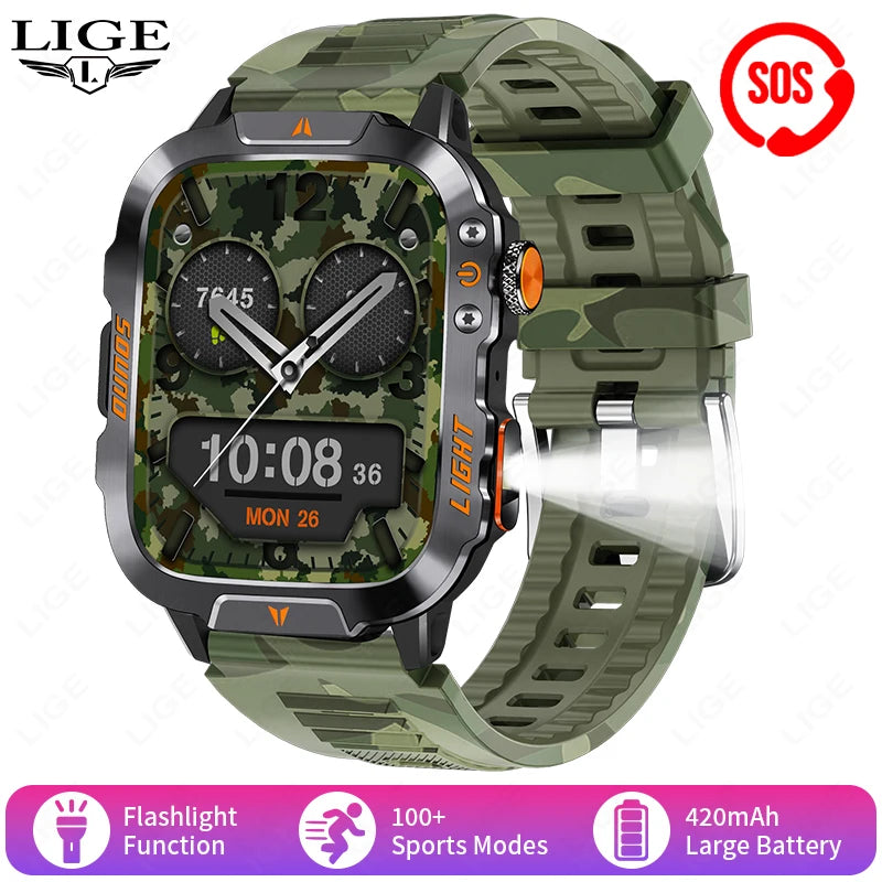 LIGE Neue LED Taschenlampe Outdoor Smart Uhr 420 mAh Batterie Wasserdicht 100 + Sport Herzfrequenz Sprachanruf 1,96 "HD Smartwatch Männer