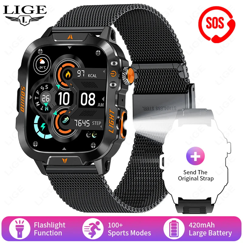 LIGE Neue LED Taschenlampe Outdoor Smart Uhr 420 mAh Batterie Wasserdicht 100 + Sport Herzfrequenz Sprachanruf 1,96 "HD Smartwatch Männer