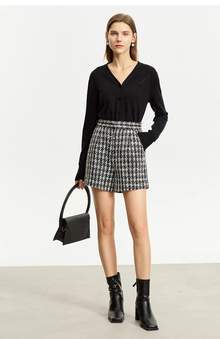 Damen Shorts im Retro-Stil mit kariertem Patchwork und Taschen