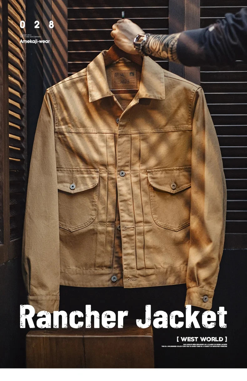 Herren Jeansjacke Vintage schwere Canvas Rancherjacken mit Kragen und Taschen
