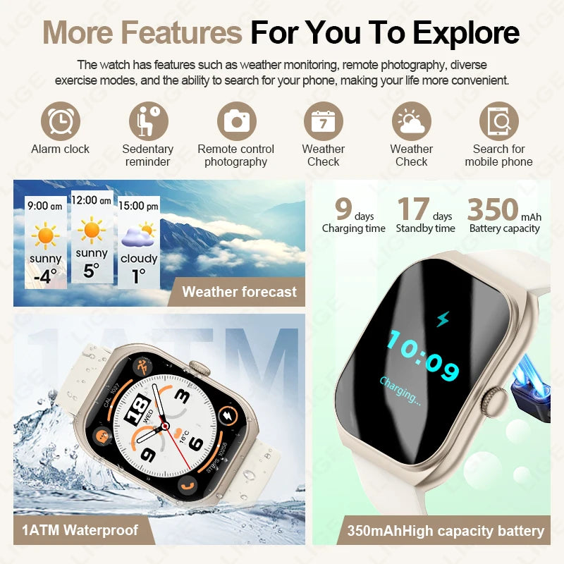LIGE Neue 2,01'' 3D Gebogene Bildschirm Smart Uhr Bluetooth Anruf Blut Sauerstoff Herzfrequenz Sport Fitness Armband Wasserdichte Smartwatch