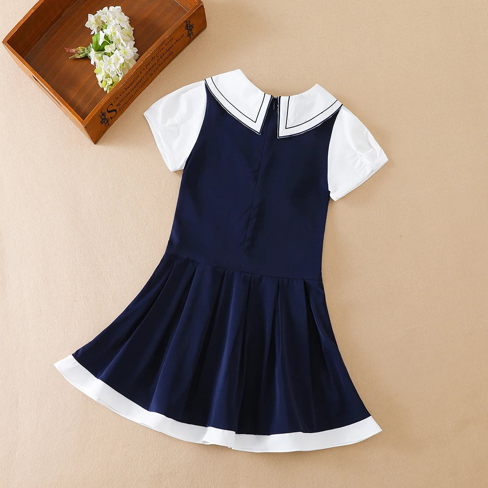 Marineblaues Mädchenkleid mit weißem Kragen und Schleife, kurzärmliges, plissiertes Kleid im Schulstil, Kinderkleidung für 5–12 Jahre