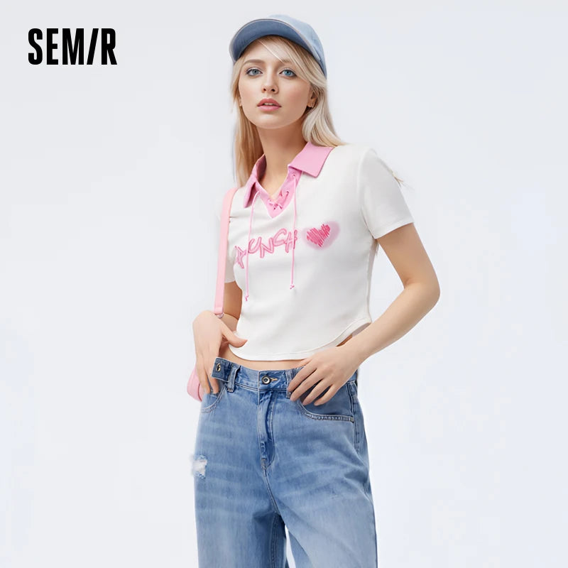 Semir Polo Shirt Frauen Kurzarm Frühling bestickt süß cool Retro Sommer T-Shirt neue Kontrast farbe enges Polo-Shirt