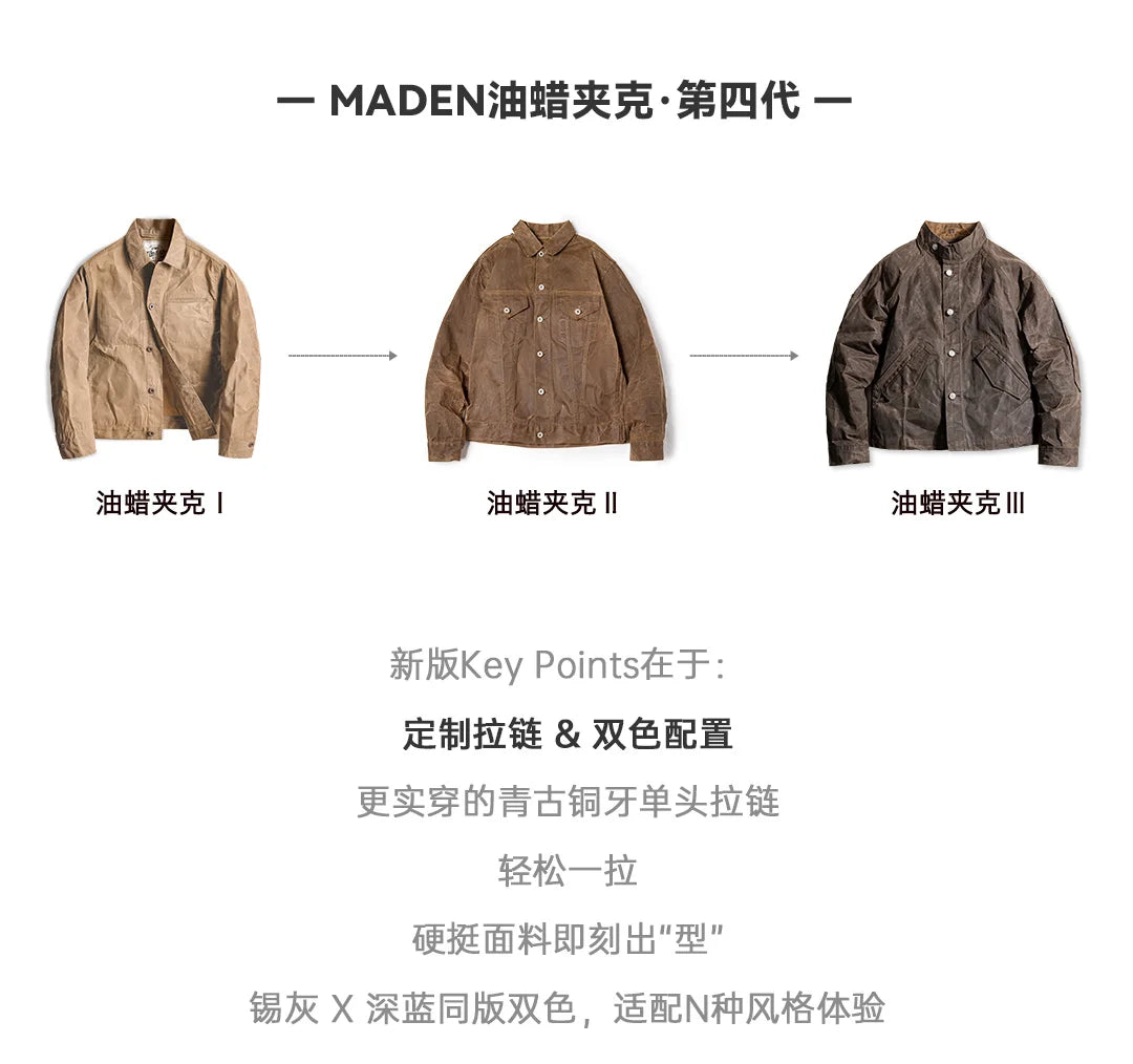 Herren Jacke Vintage IV Oil Waxed Canvas Revers Reißverschluss Taschen