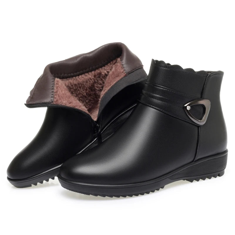 Damen Schneestiefel aus echtem Leder mit rutschfestem flachem Boden