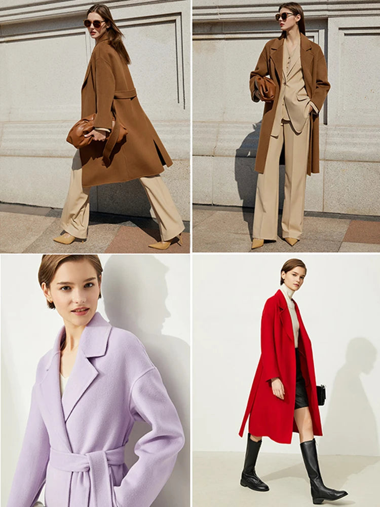 Damen Wollmantel im minimalistischen Stil mit elegantem doppelseitigen Gürtel