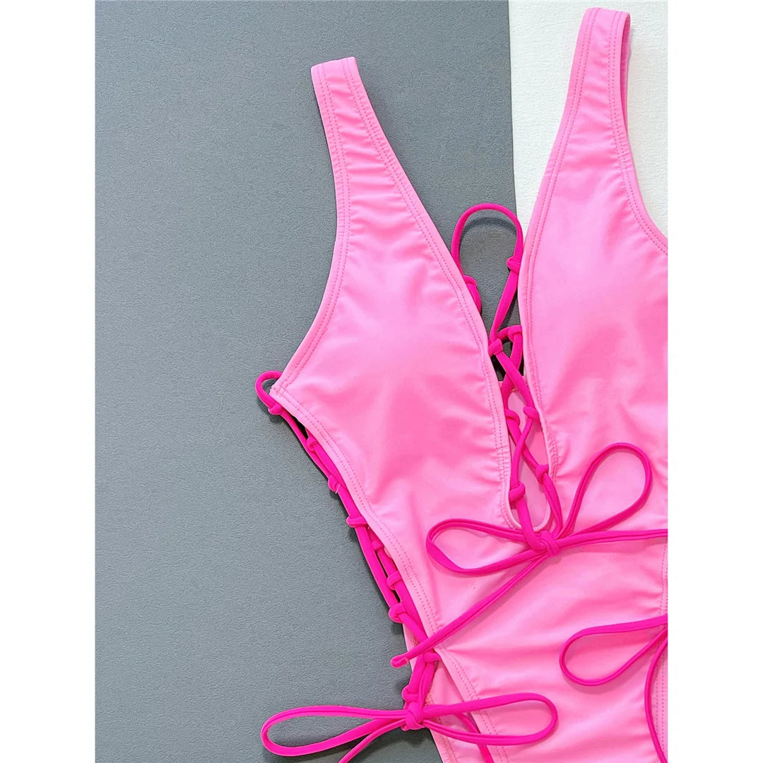 Damen-Badeanzug tiefer V-Ausschnitt Schnurdetail Wickel High-Leg