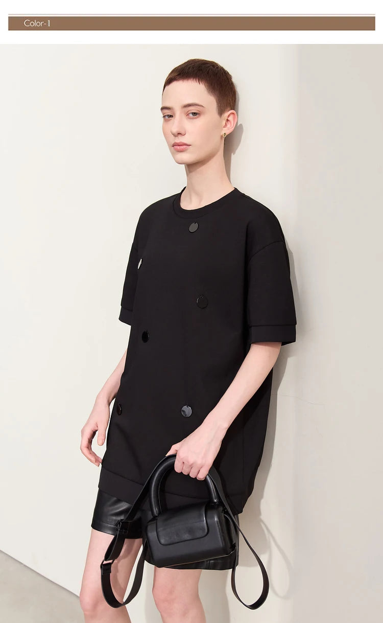 Damen T-Shirts im Minimalismus-Stil mit losem Patchwork und Dekoration