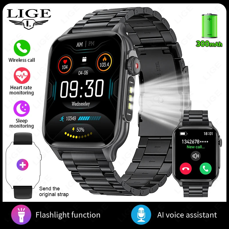 LIGE Neue Für Huawei Xiaomi Smart Uhr Männer Taschenlampe Wasserdichte Outdoor Sport Tracker Bluetooth Anruf Smartwatch 1,96 "bildschirm