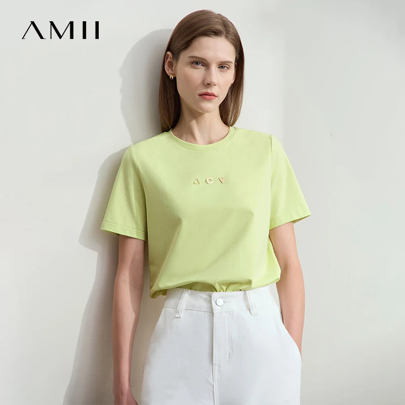 Damen T-Shirt mit O-Ausschnitt und geometrischer Dekoration aus antibakterieller Baumwolle