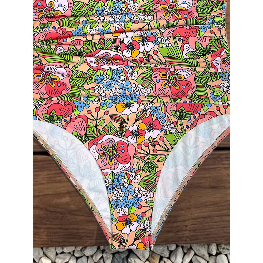 Damen Badeanzug Blumen V-Ausschnitt Neckholder Monokini hoher Beinausschnitt C