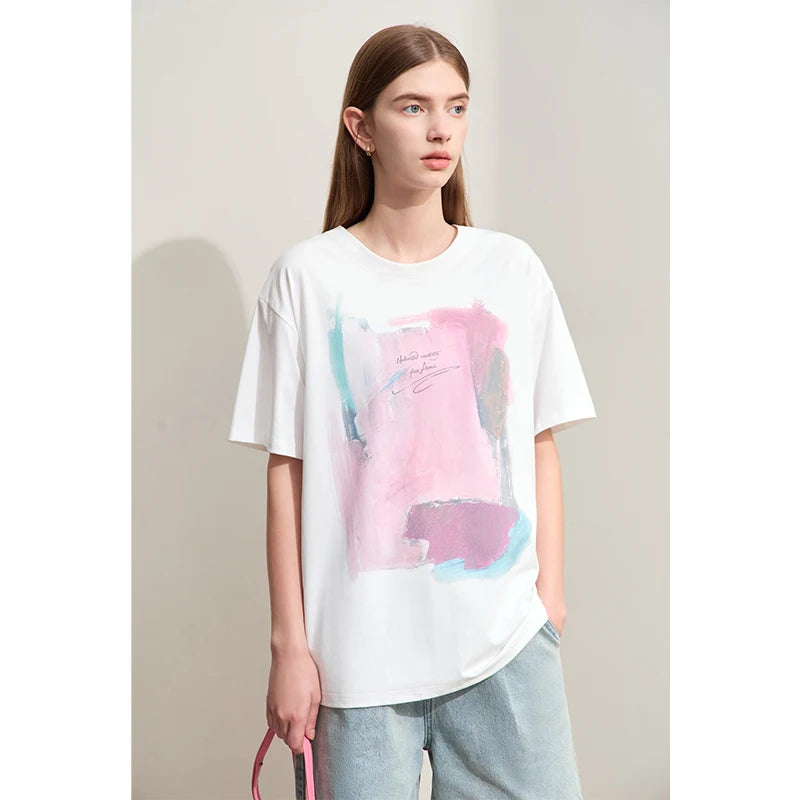 Damen T-Shirts im minimalistischen Stil mit abstraktem Druck für den Sommer
