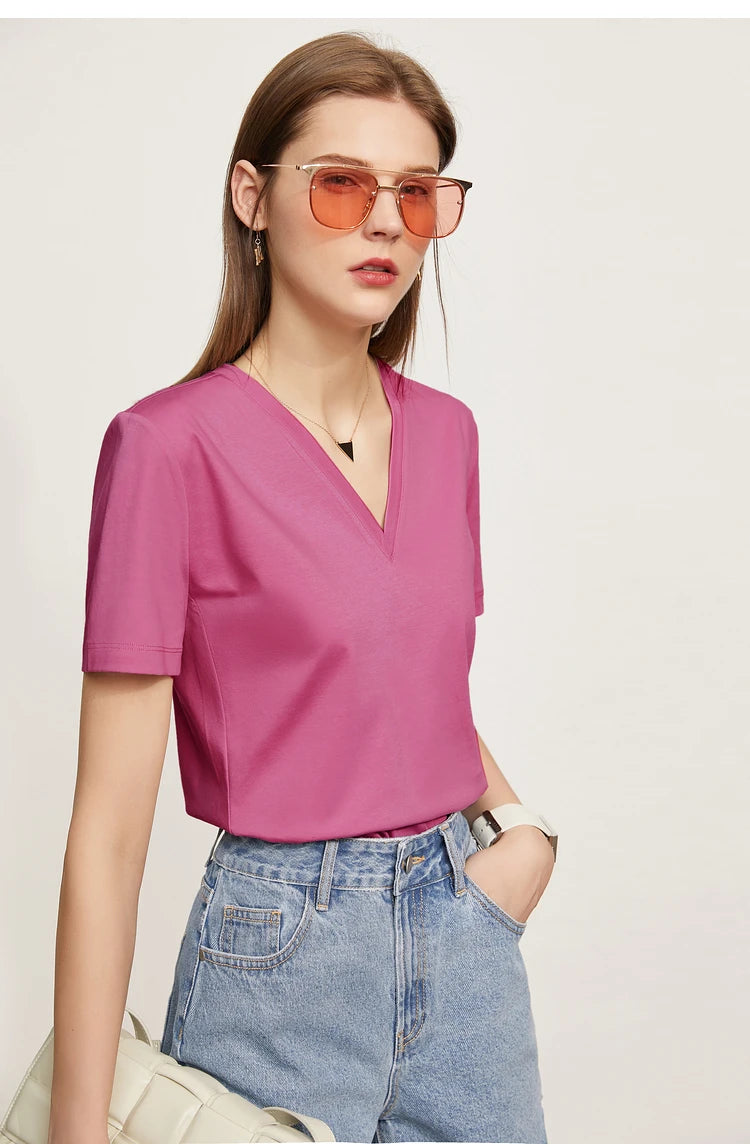 Damen Tops im Minimalismus-Stil mit V-Ausschnitt und kurzen Ärmeln
