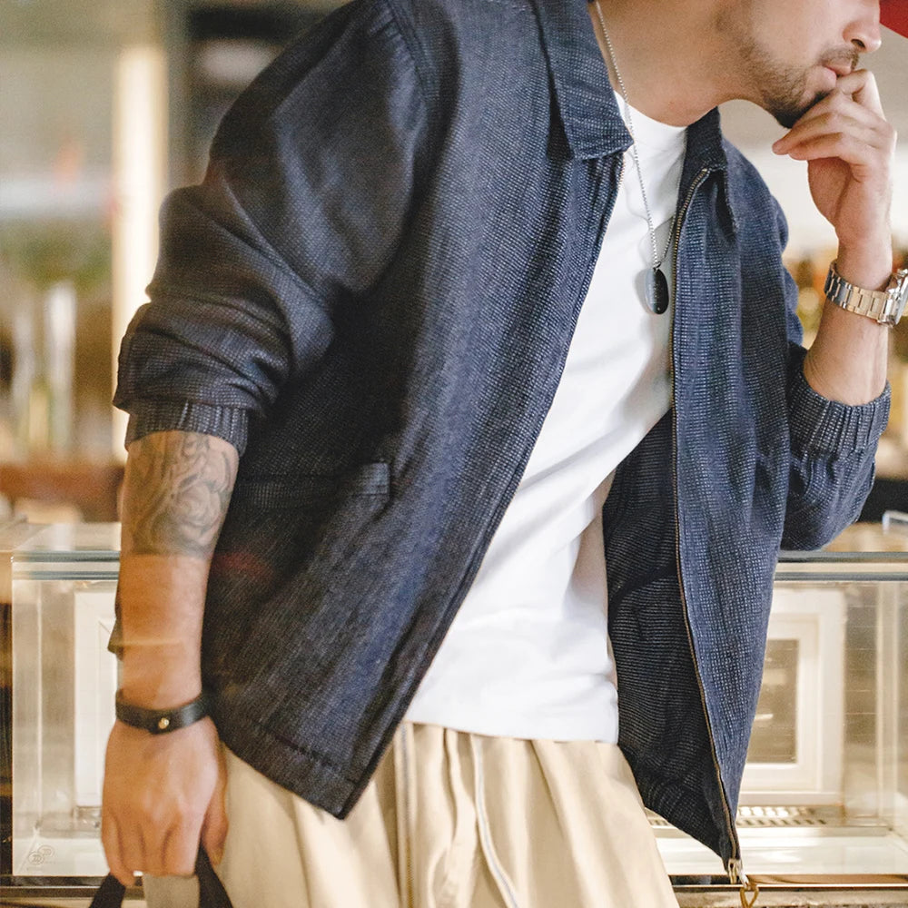 Herren Vintage-Jeansjacke Lockere Passform Revers-Reißverschlussjacke Kurze Blaue Mäntel